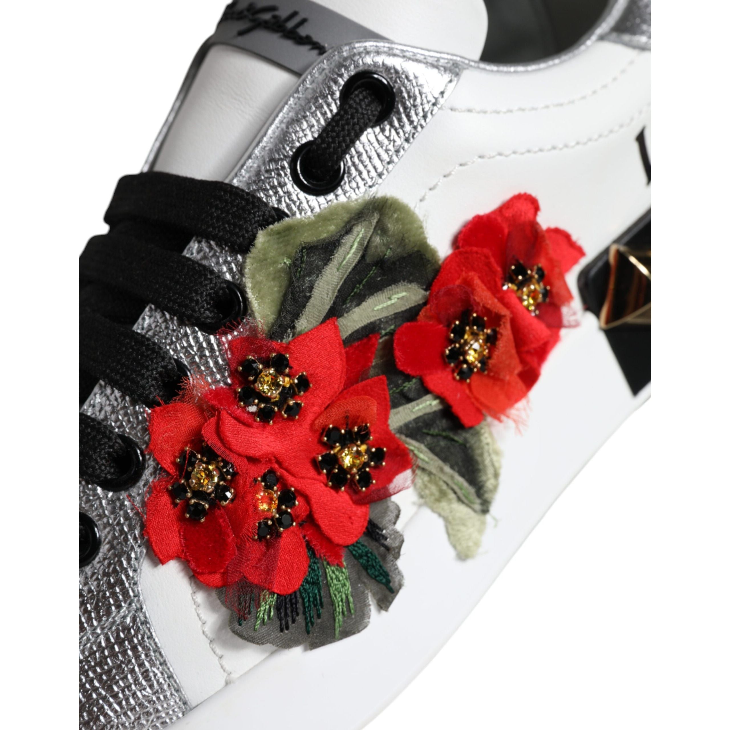 Chaussures Sneakers cloutées en cuir blanc à fleurs Dolce & Gabbana