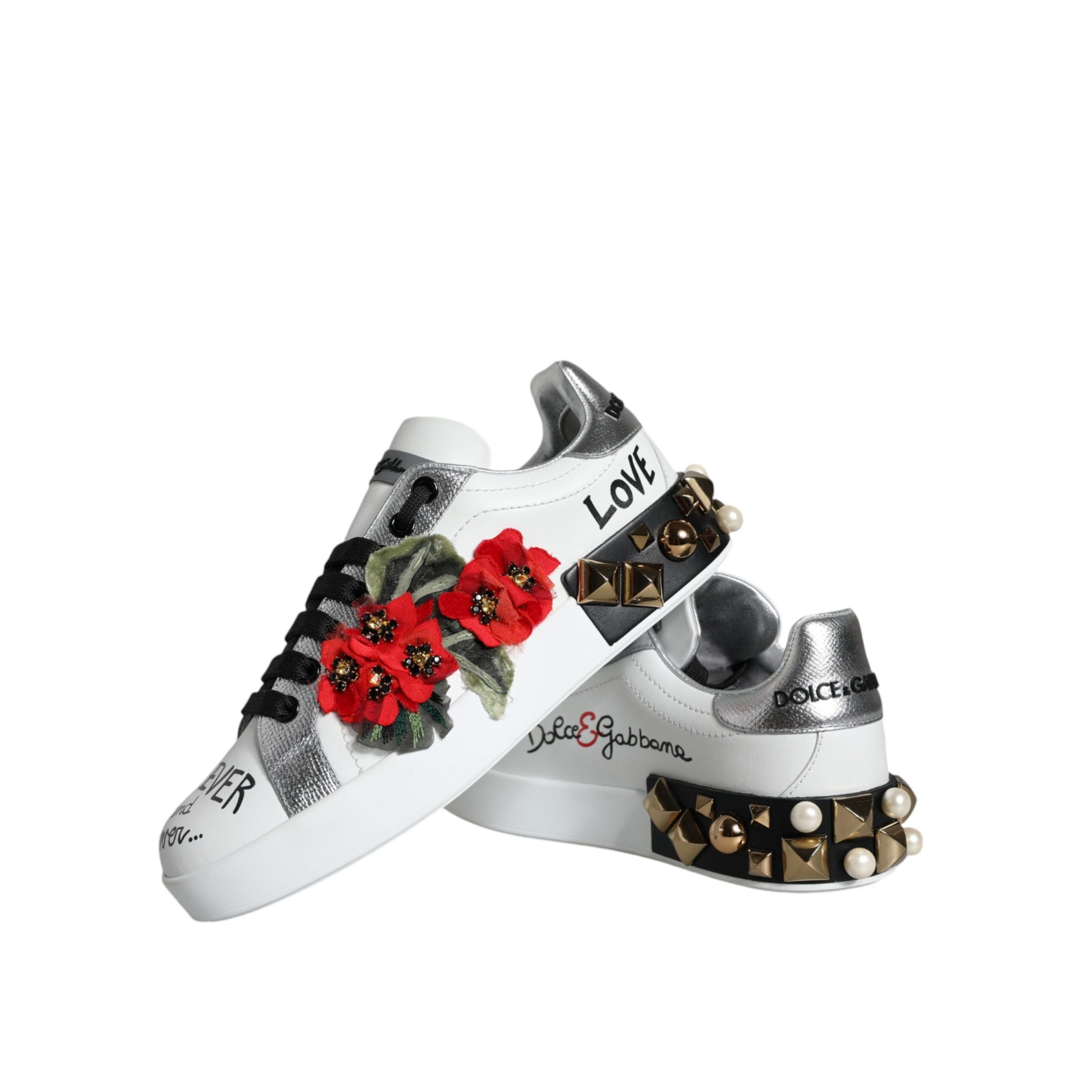 Chaussures Sneakers cloutées en cuir blanc à fleurs Dolce & Gabbana