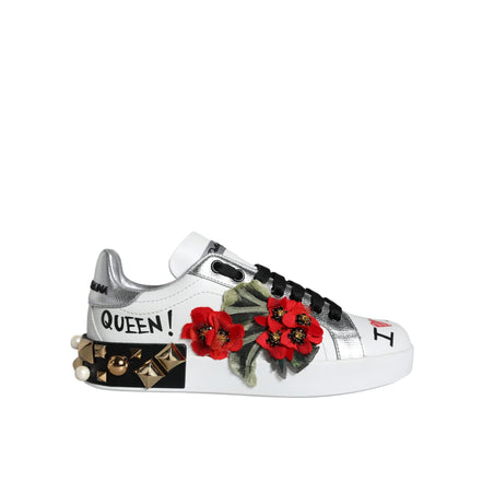 Chaussures Sneakers cloutées en cuir blanc à fleurs Dolce & Gabbana
