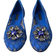 Dolce & Gabbana Blue Lace Crystal Ballet Flats Loafers Shoes