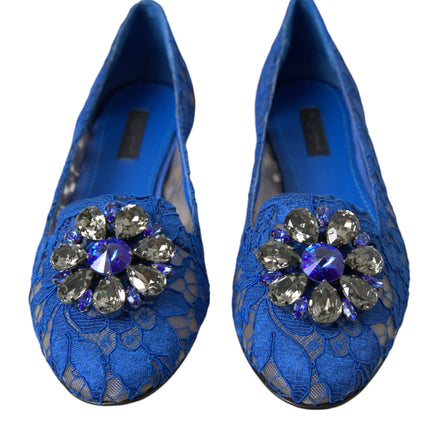 Dolce & Gabbana Blue Lace Crystal Ballet Flats Loafers Shoes