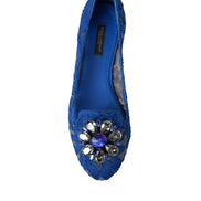Dolce & Gabbana Blue Lace Crystal Ballet Flats Loafers Shoes