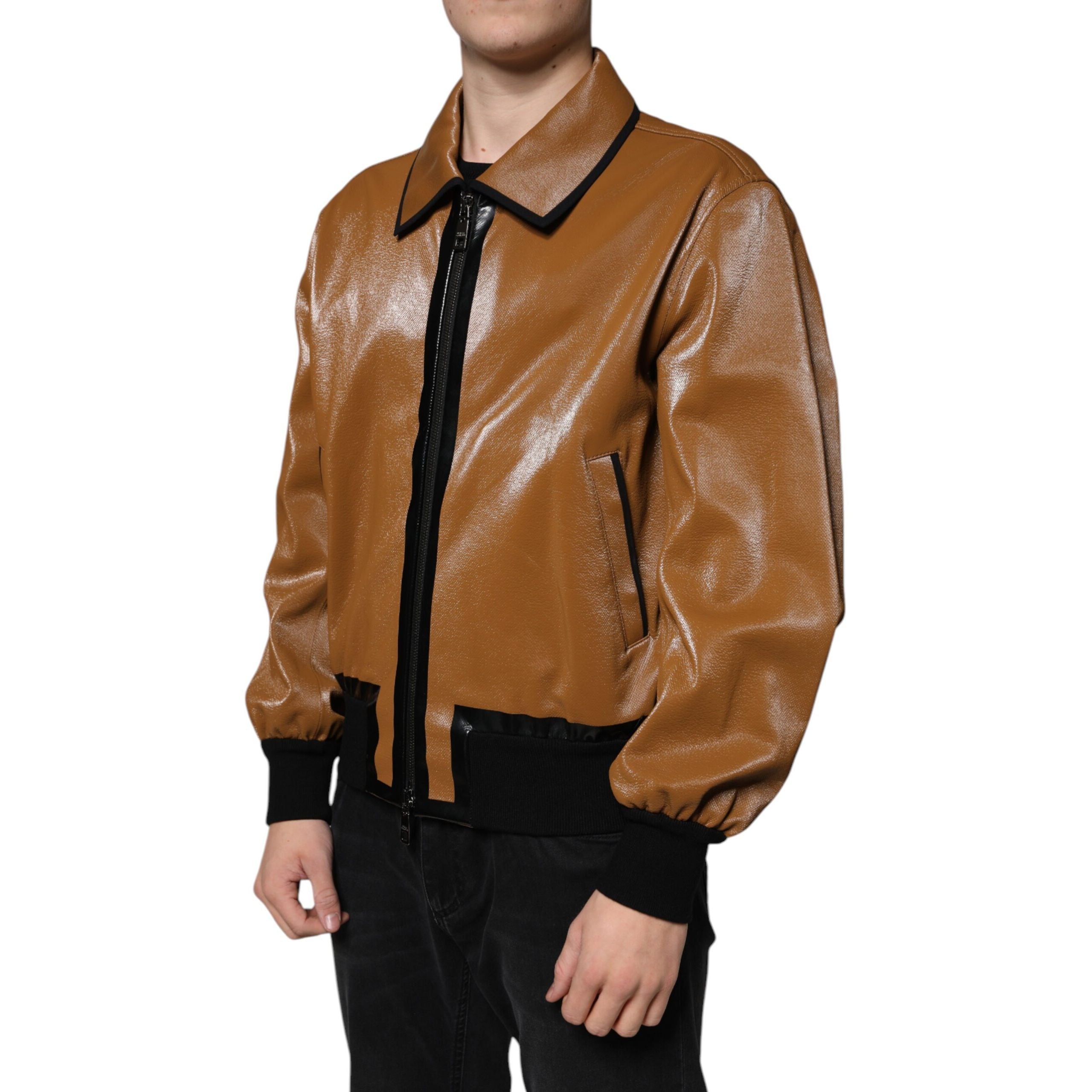 Giacca Bomber Dolce & Gabbana Uomo in Pelle Marrone con Zip Intera