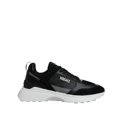 Chaussures Sneakers Basses Versace Medusa en Toile Noire et Tissus Multiples