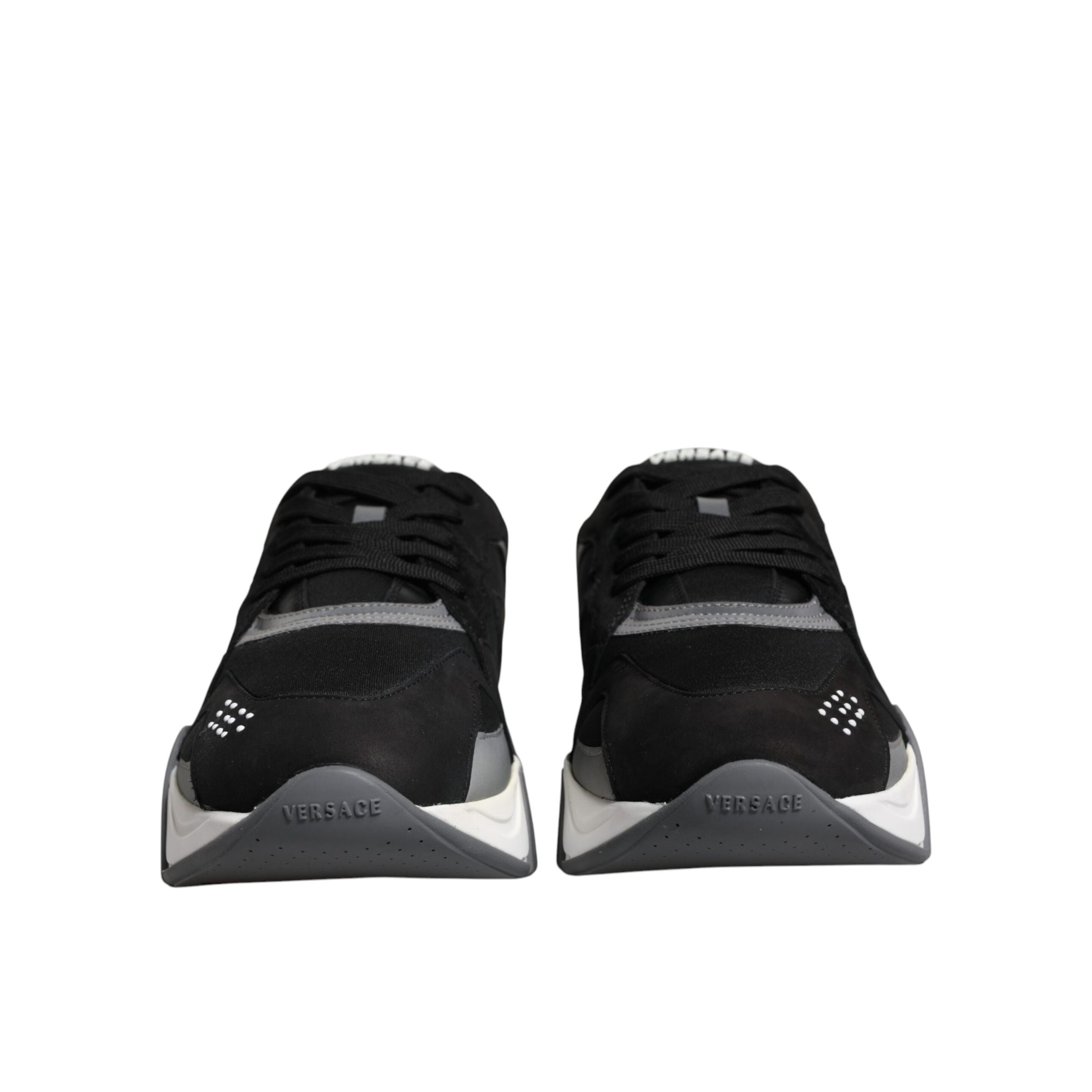 Versace Black Leather Neoprene Chunky Low Top Sneakers Squalo Shoes