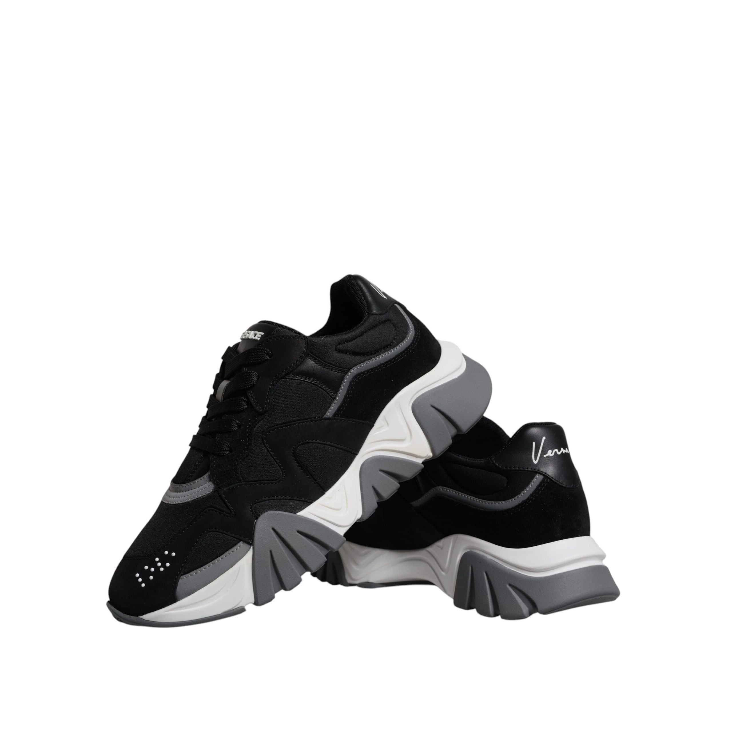 Versace Black Leather Neoprene Chunky Low Top Sneakers Squalo Shoes