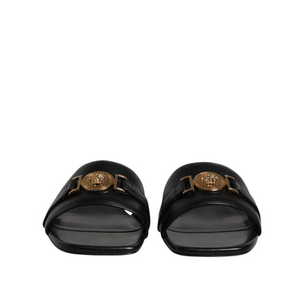 Versace Ciabatte Basse In Pelle Nera Con Logo