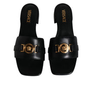 Versace Ciabatte Basse In Pelle Nera Con Logo
