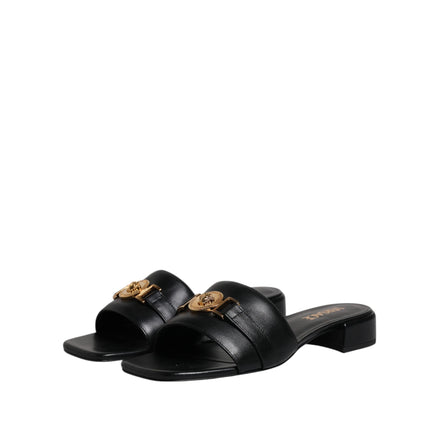 Versace Ciabatte Basse In Pelle Nera Con Logo