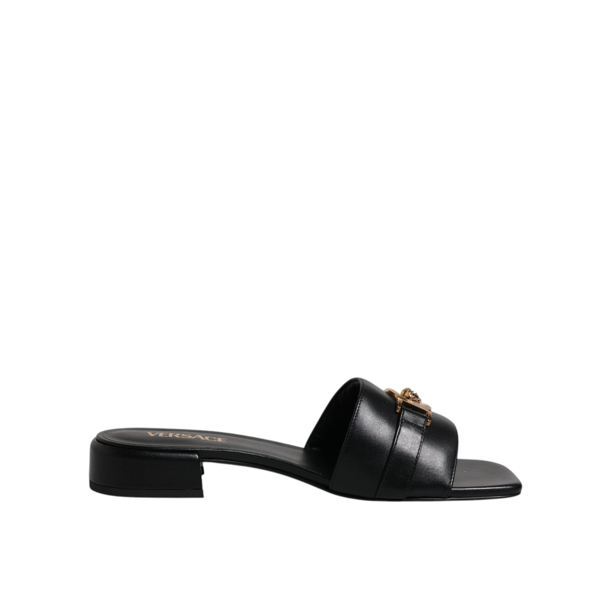 Versace Ciabatte Basse In Pelle Nera Con Logo