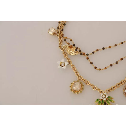 Dolce & Gabbana Gold Brass Crystal Floral Statement Charms Necklace