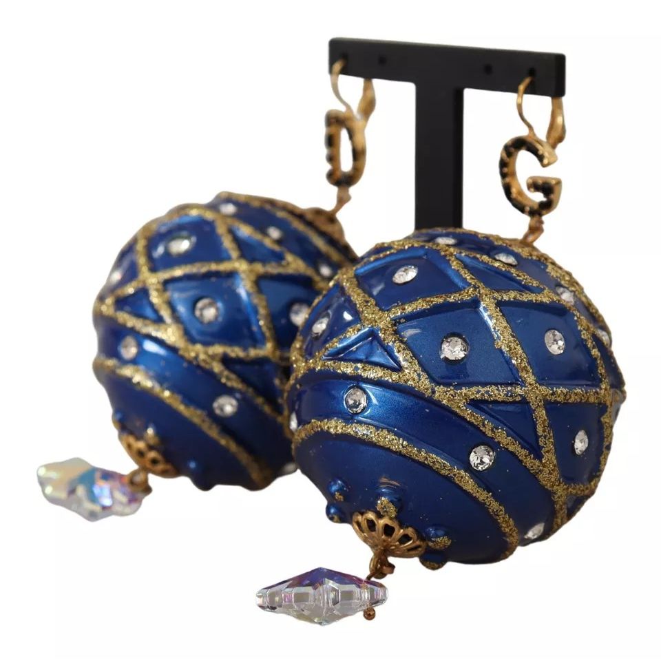 Orecchini Gioiello con Gancio Dolce & Gabbana a Sfera di Natale Blu in Ottone Dorato con Cristalli