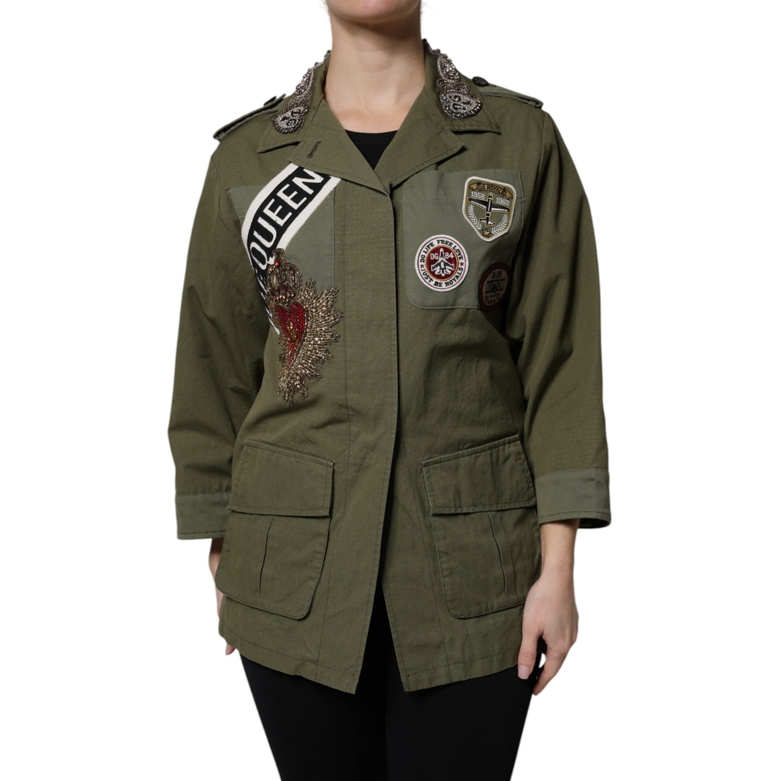 Giacca cappotto Dolce & Gabbana Queen verde militare decorato