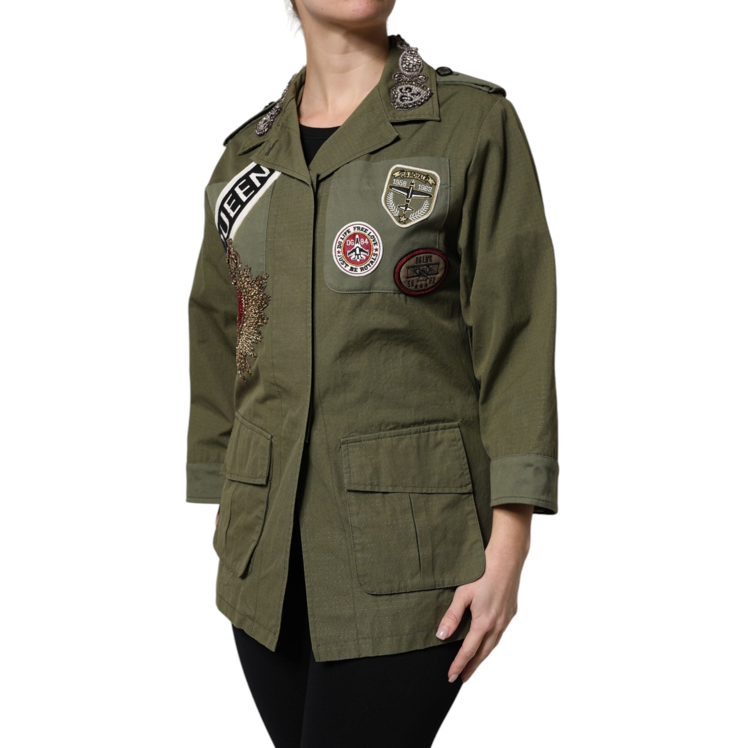 Giacca cappotto Dolce & Gabbana Queen verde militare decorato