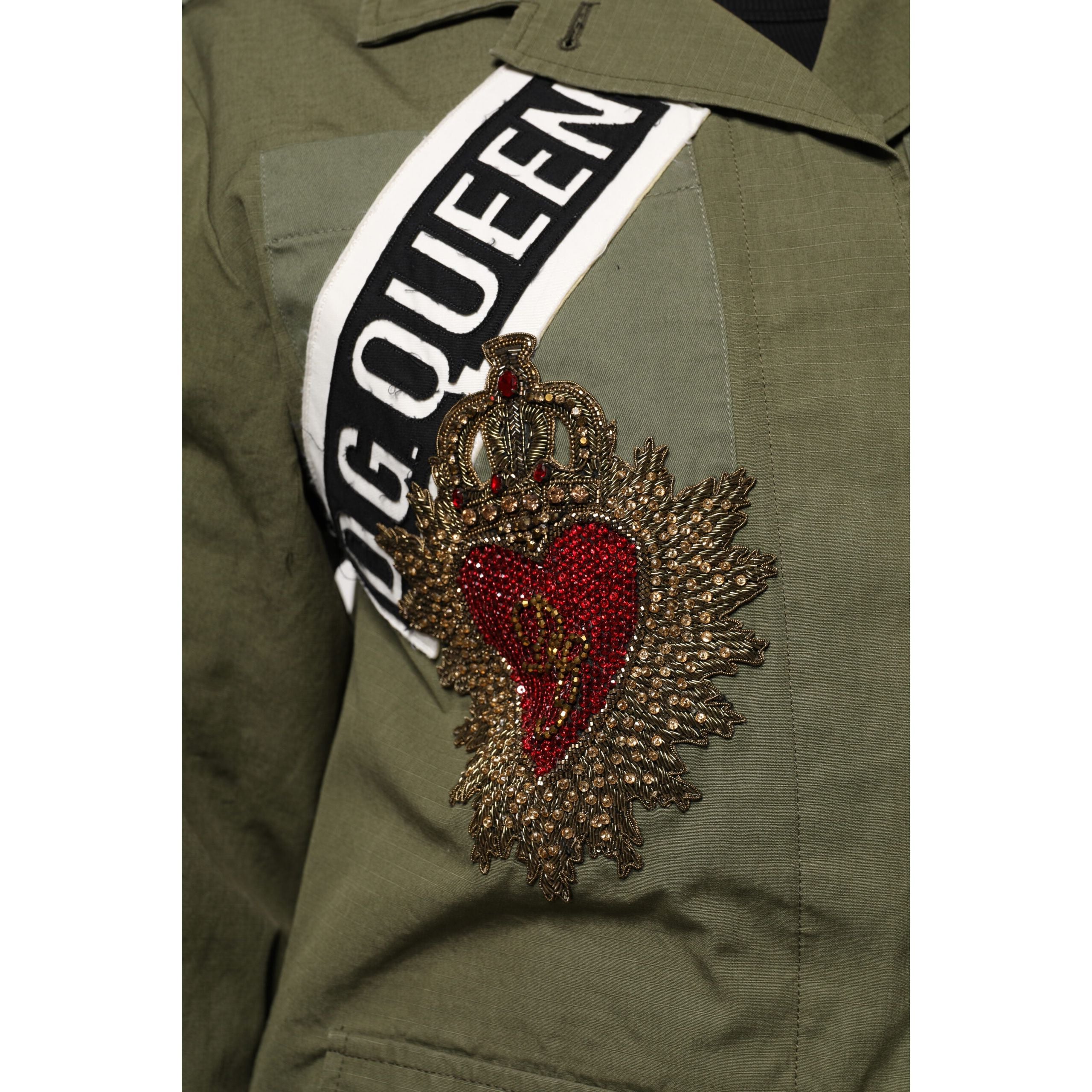 Giacca cappotto Dolce & Gabbana Queen verde militare decorato