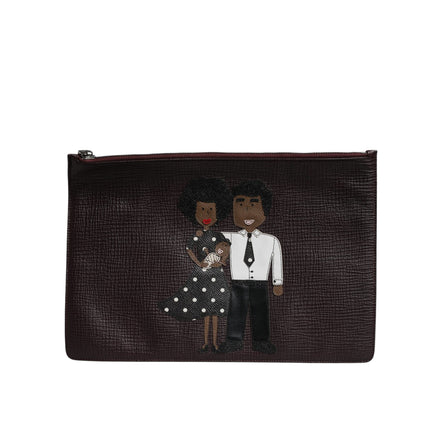 Dolce & Gabbana Brown Leather #DGFAMILY Embellished Men Clutch Pouch Bag