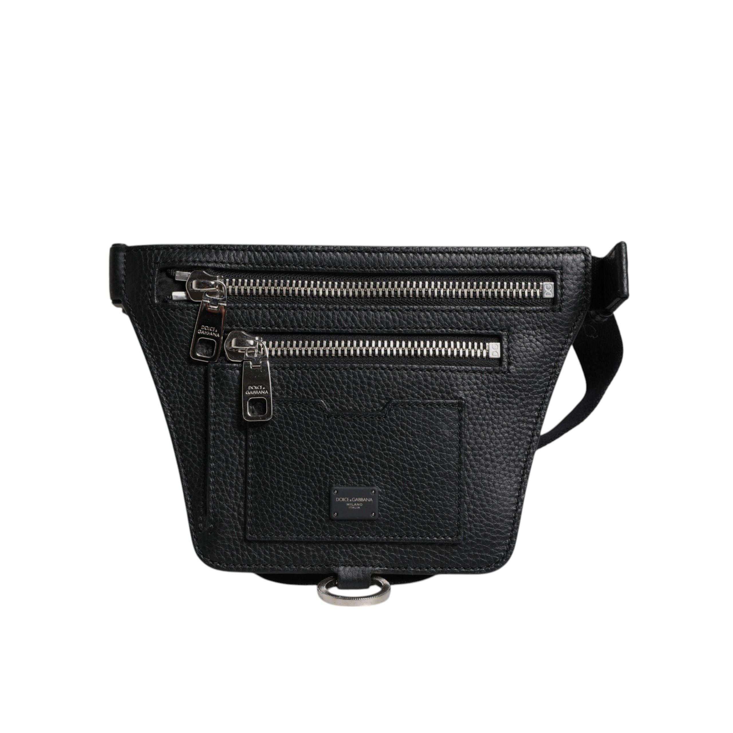 Sac banane Dolce & Gabbana en cuir de veau noir avec plaque logo pour homme