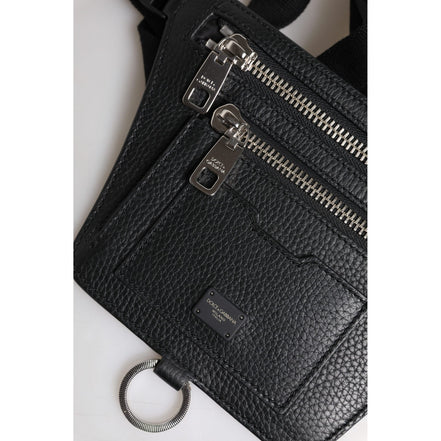 Sac banane Dolce & Gabbana en cuir de veau noir avec plaque logo pour homme