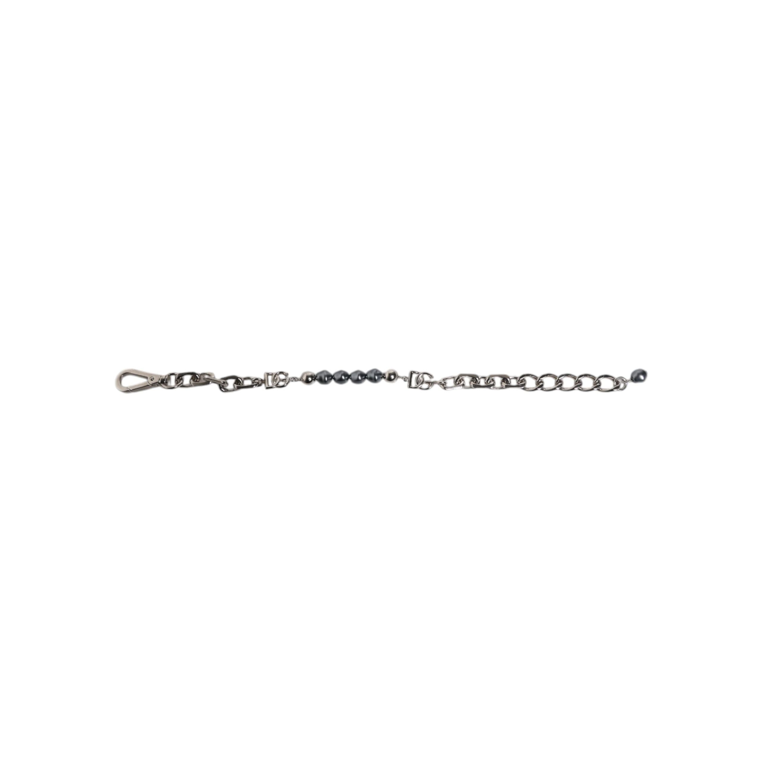 Bracelet Dolce & Gabbana en chaîne argentée, fermoir mousqueton, logo et perles grises