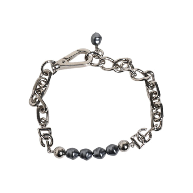 Bracelet Dolce & Gabbana en chaîne argentée, fermoir mousqueton, logo et perles grises