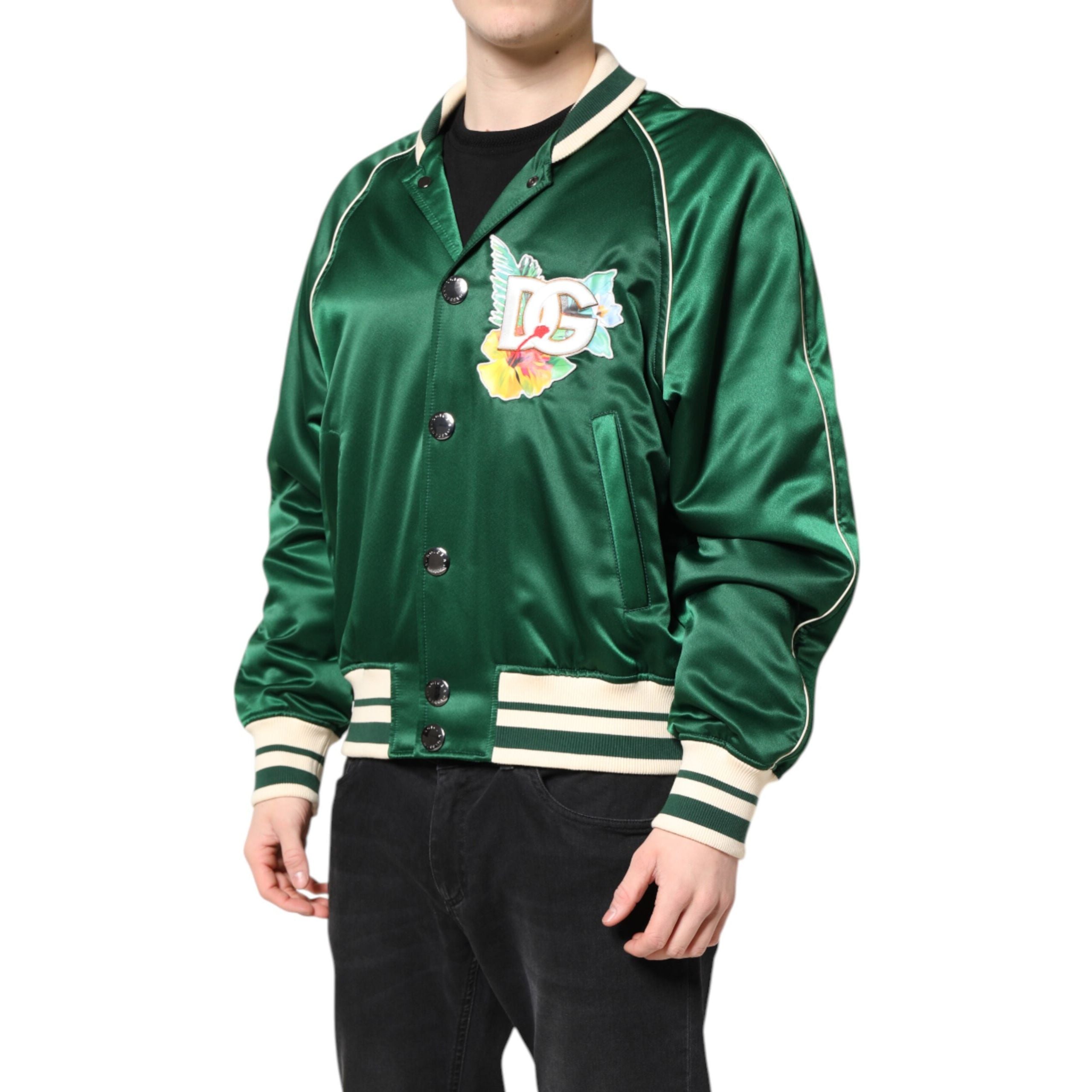 Dolce & Gabbana Green Floral DG Logo Full Zip Bomber Jacket