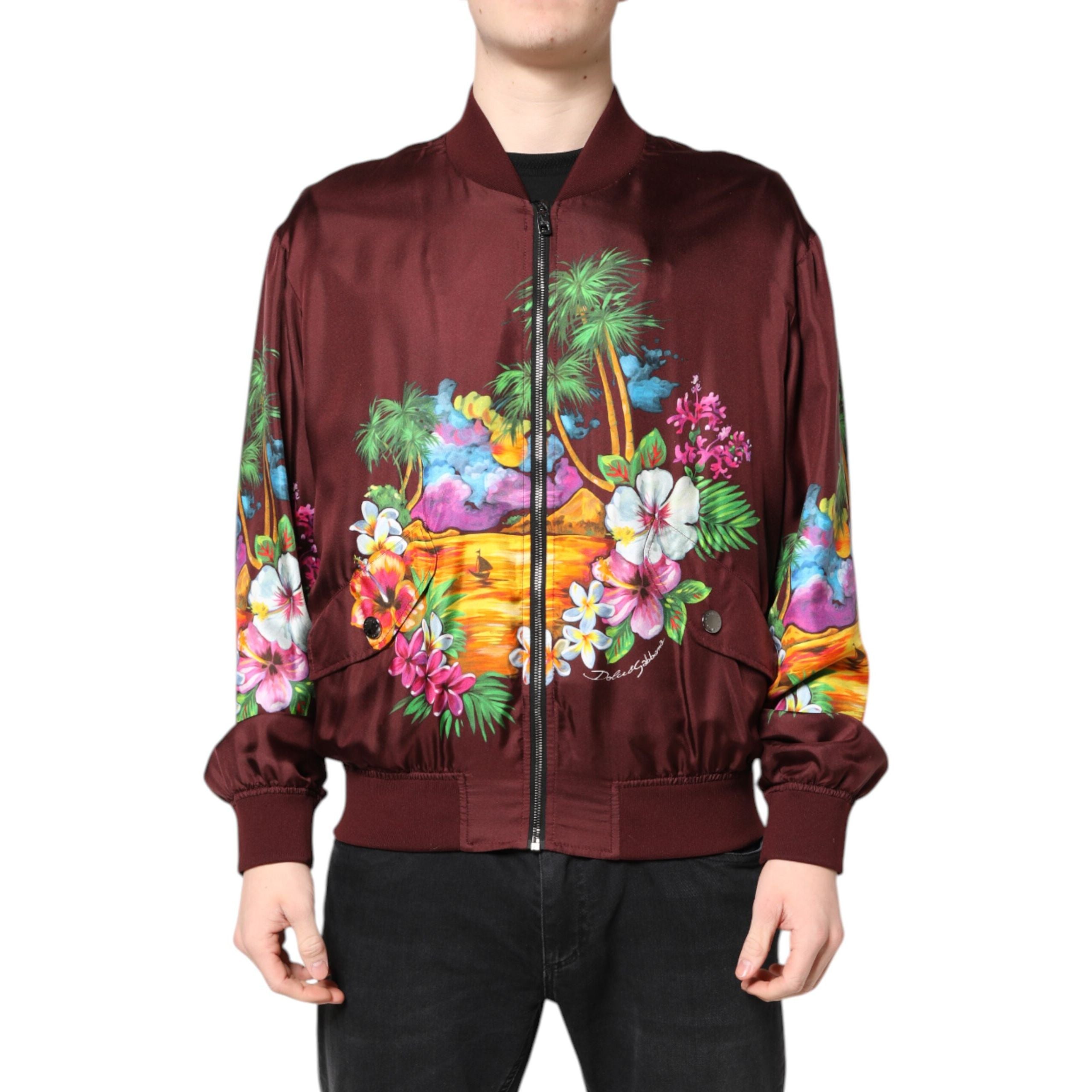Blouson bomber Dolce & Gabbana bordeaux à imprimé floral et fermeture éclair intégrale