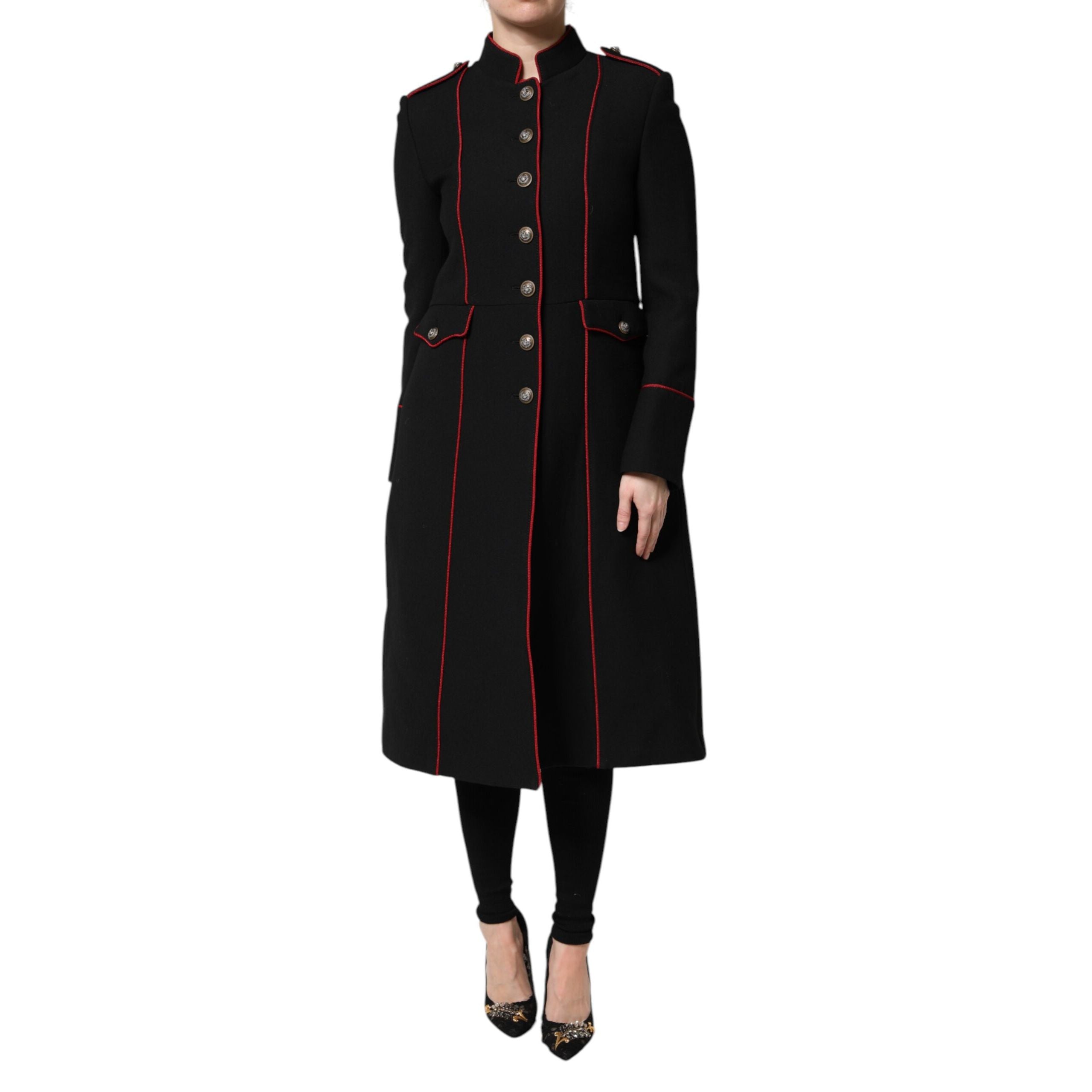 Veste Trench Coat Simple Boutonnage en Laine Noire Dolce & Gabbana