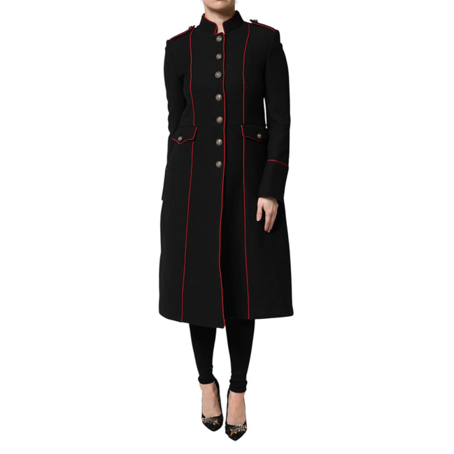 Veste Trench Coat Simple Boutonnage en Laine Noire Dolce & Gabbana