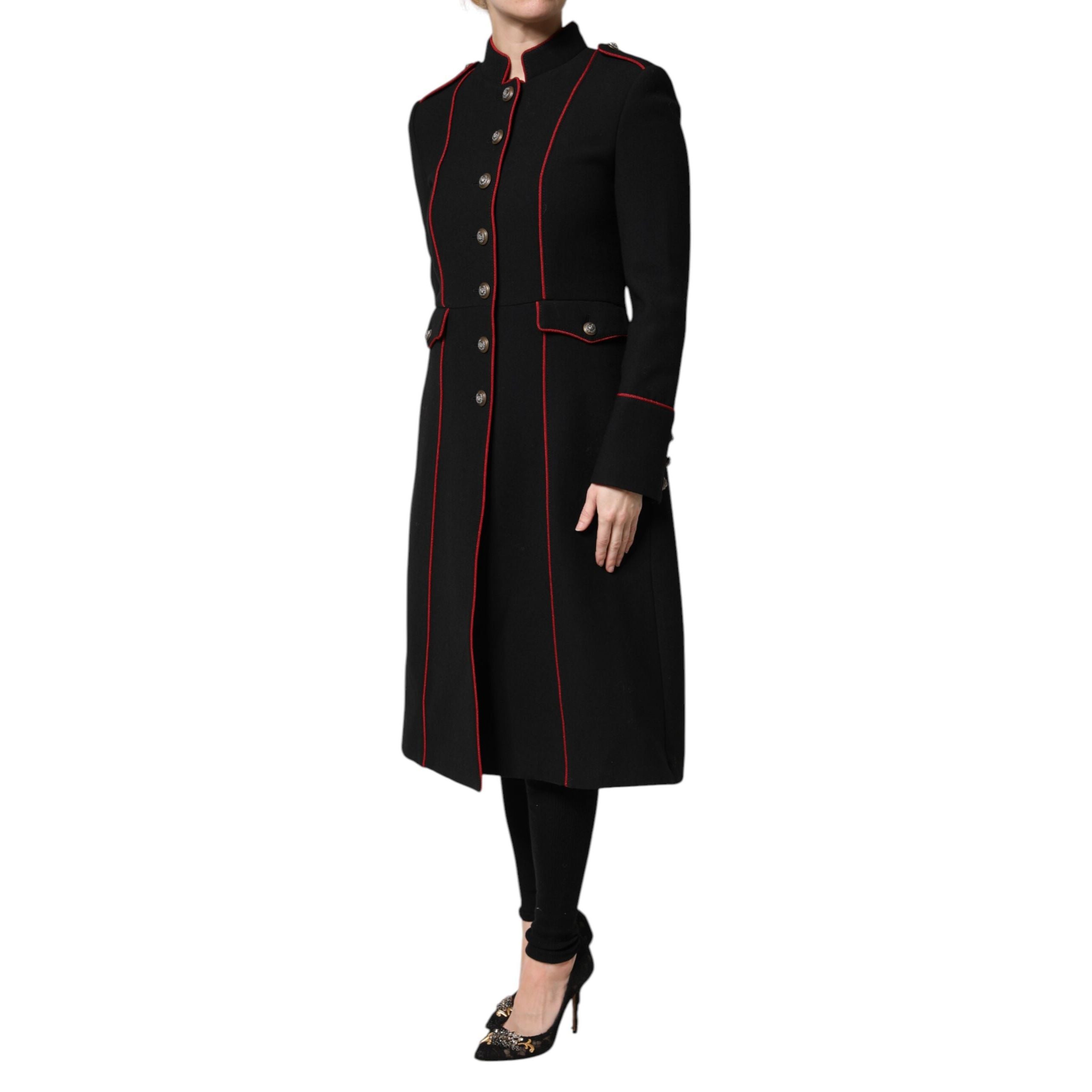 Veste Trench Coat Simple Boutonnage en Laine Noire Dolce & Gabbana