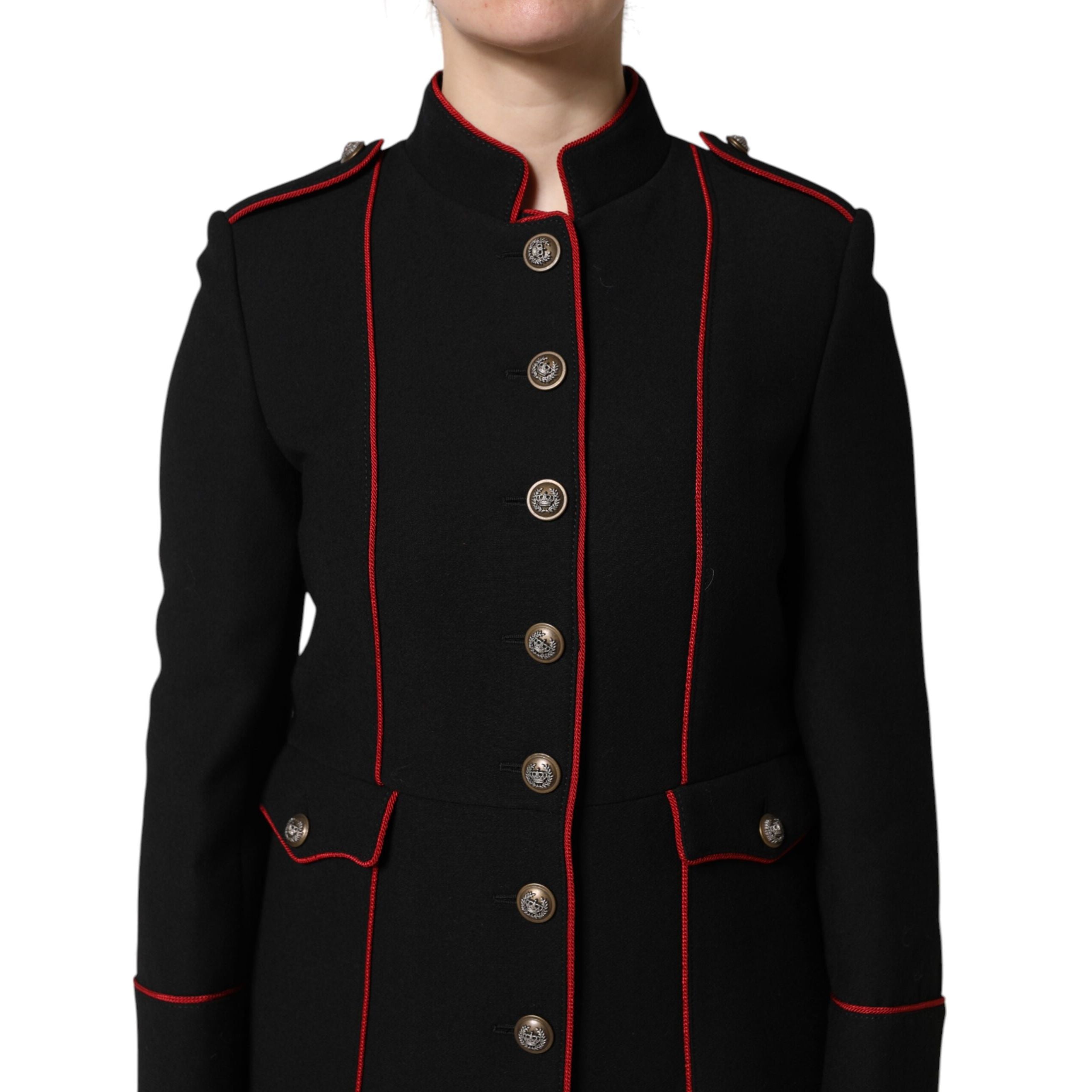 Veste Trench Coat Simple Boutonnage en Laine Noire Dolce & Gabbana