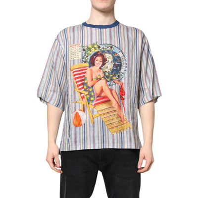 T-Shirt Girocollo Pin Up a Righe Multicolore in Lino Dolce & Gabbana