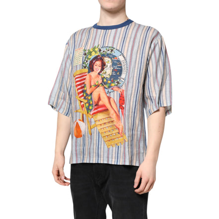 T-shirt Dolce & Gabbana en lin à rayures multicolores et col rond avec motif pin-up