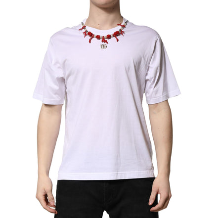 T-shirt col rond en coton blanc orné Dolce & Gabbana
