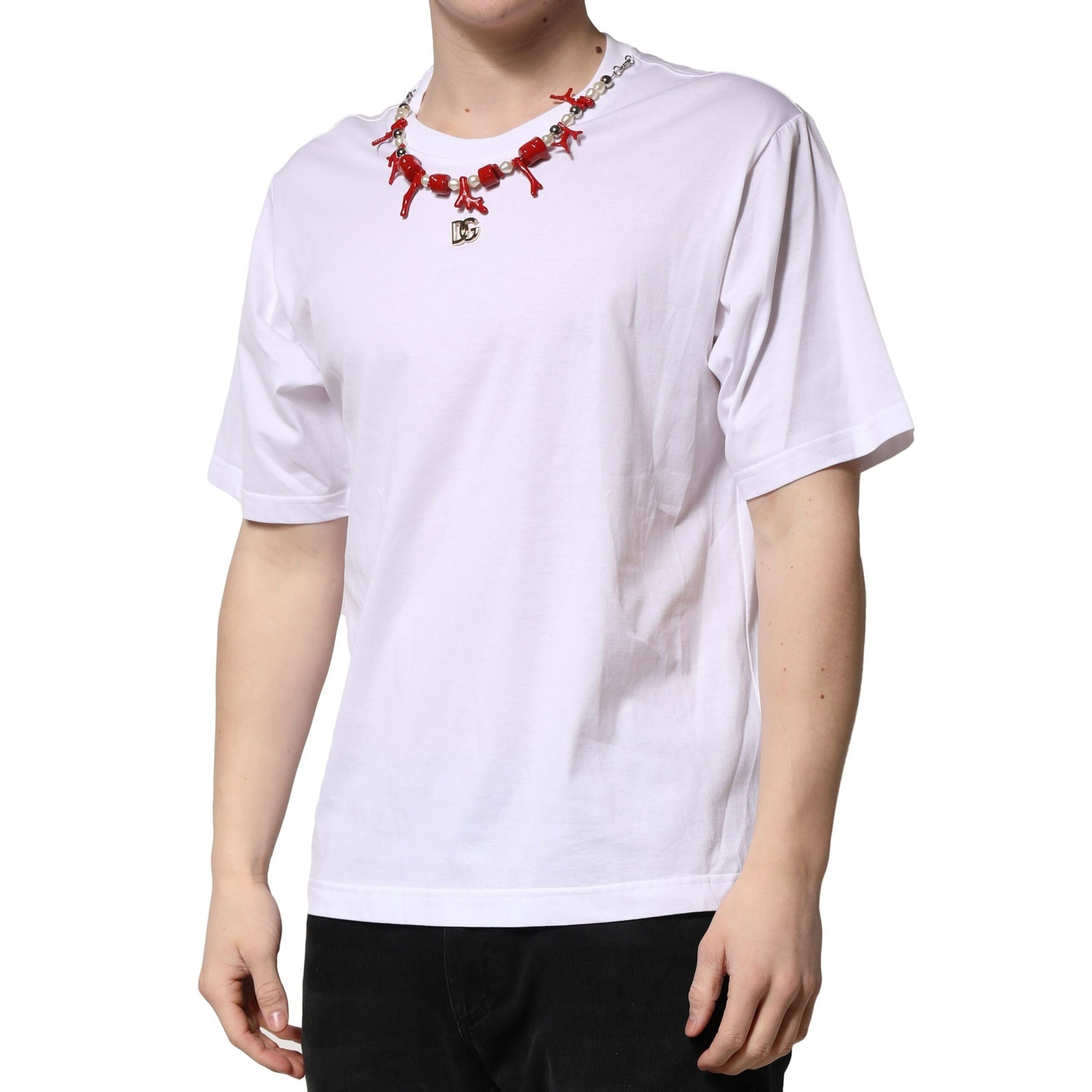 T-shirt col rond en coton blanc orné Dolce & Gabbana