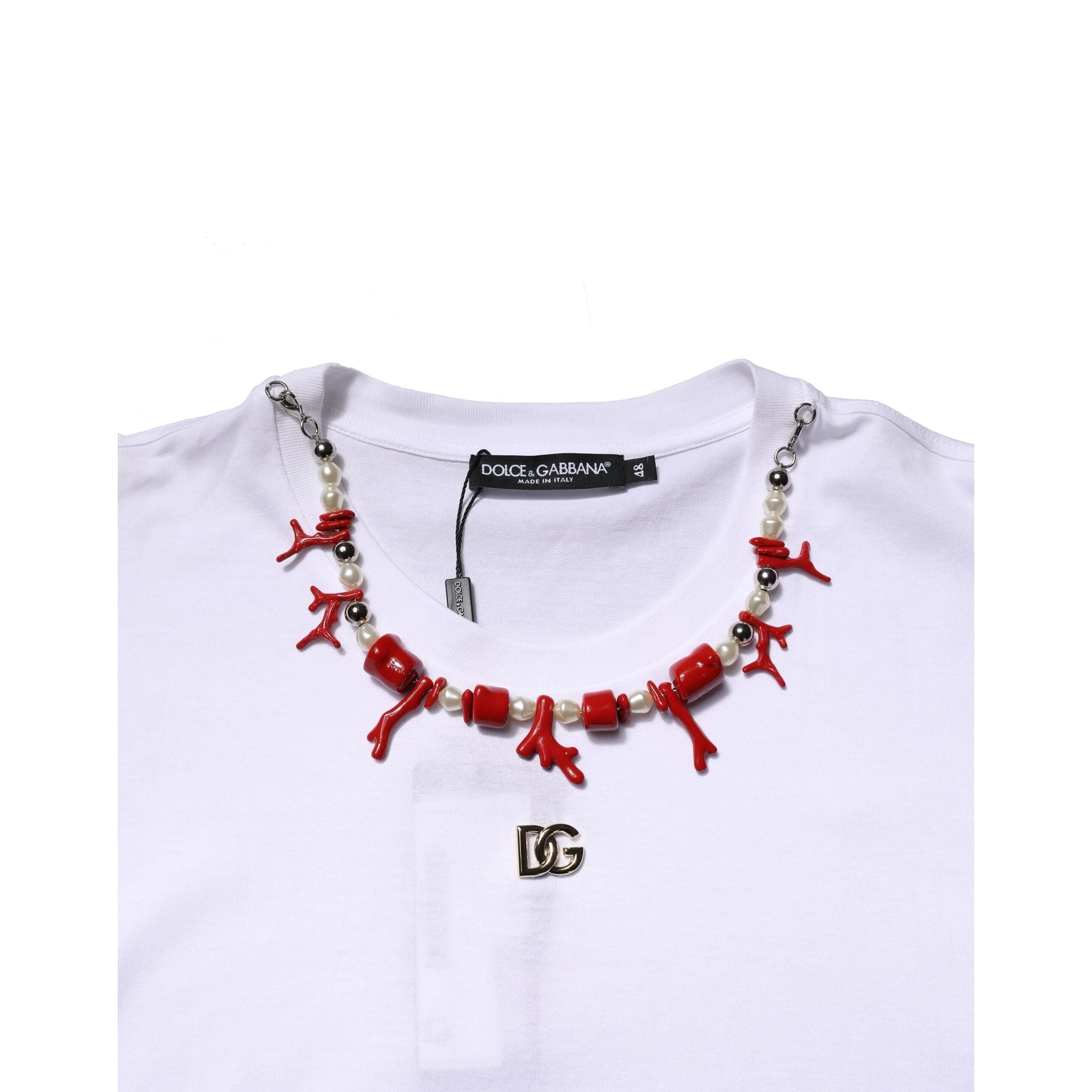 T-shirt col rond en coton blanc orné Dolce & Gabbana