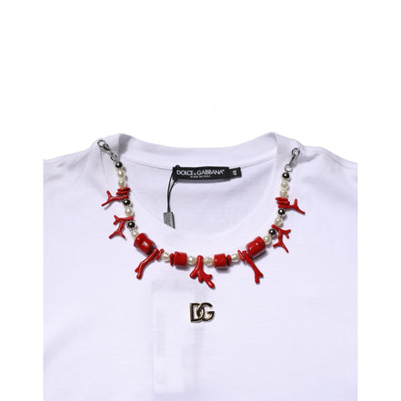 T-shirt col rond en coton blanc orné Dolce & Gabbana