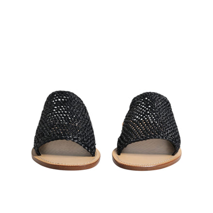 Dolce & Gabbana Sandali Ciabatte in Rafia Intrecciata Monocromatica Nera