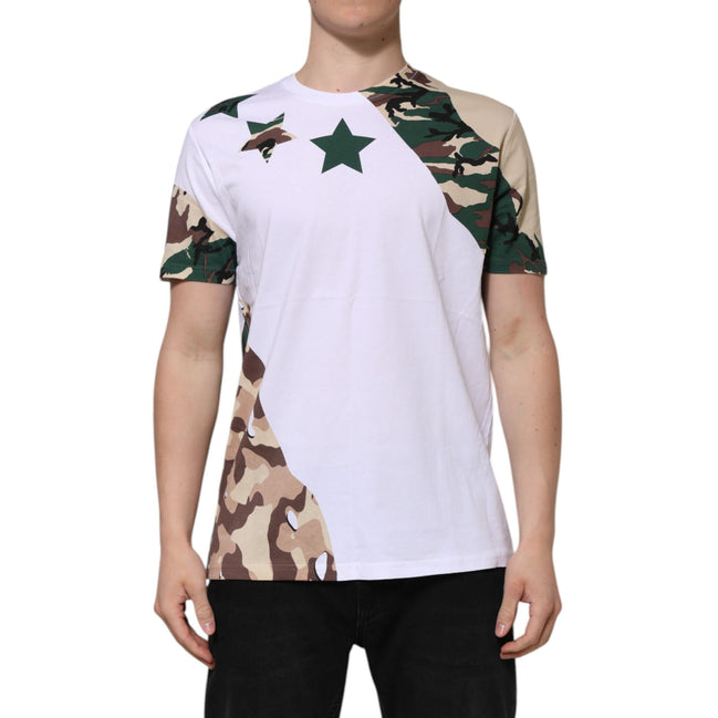 Dolce & Gabbana White Camouflage Cotton Crew Neck T-shirt