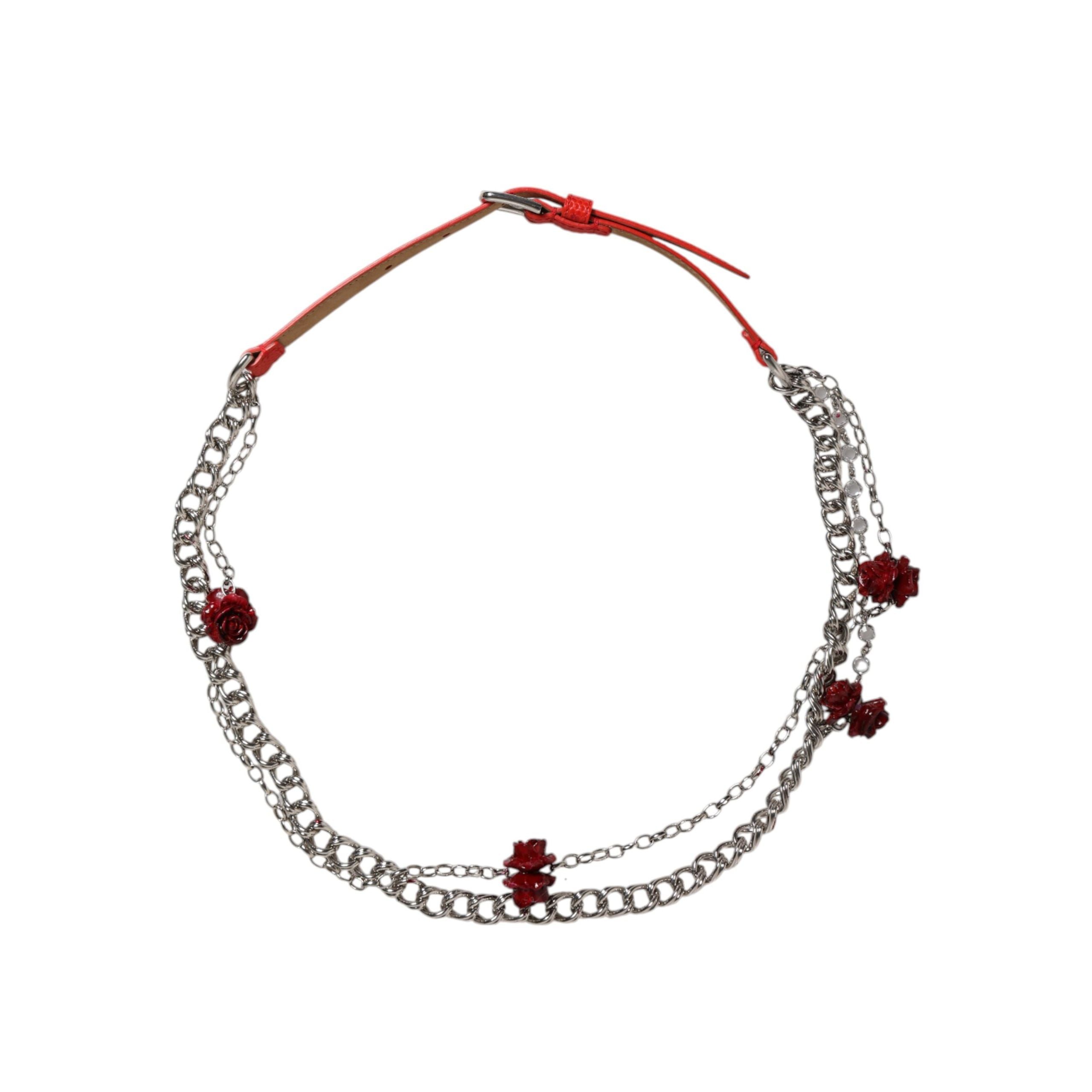 Ceinture Dolce & Gabbana en cuir rouge avec chaîne argentée et motif floral