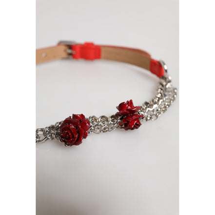 Ceinture Dolce & Gabbana en cuir rouge avec chaîne argentée et motif floral