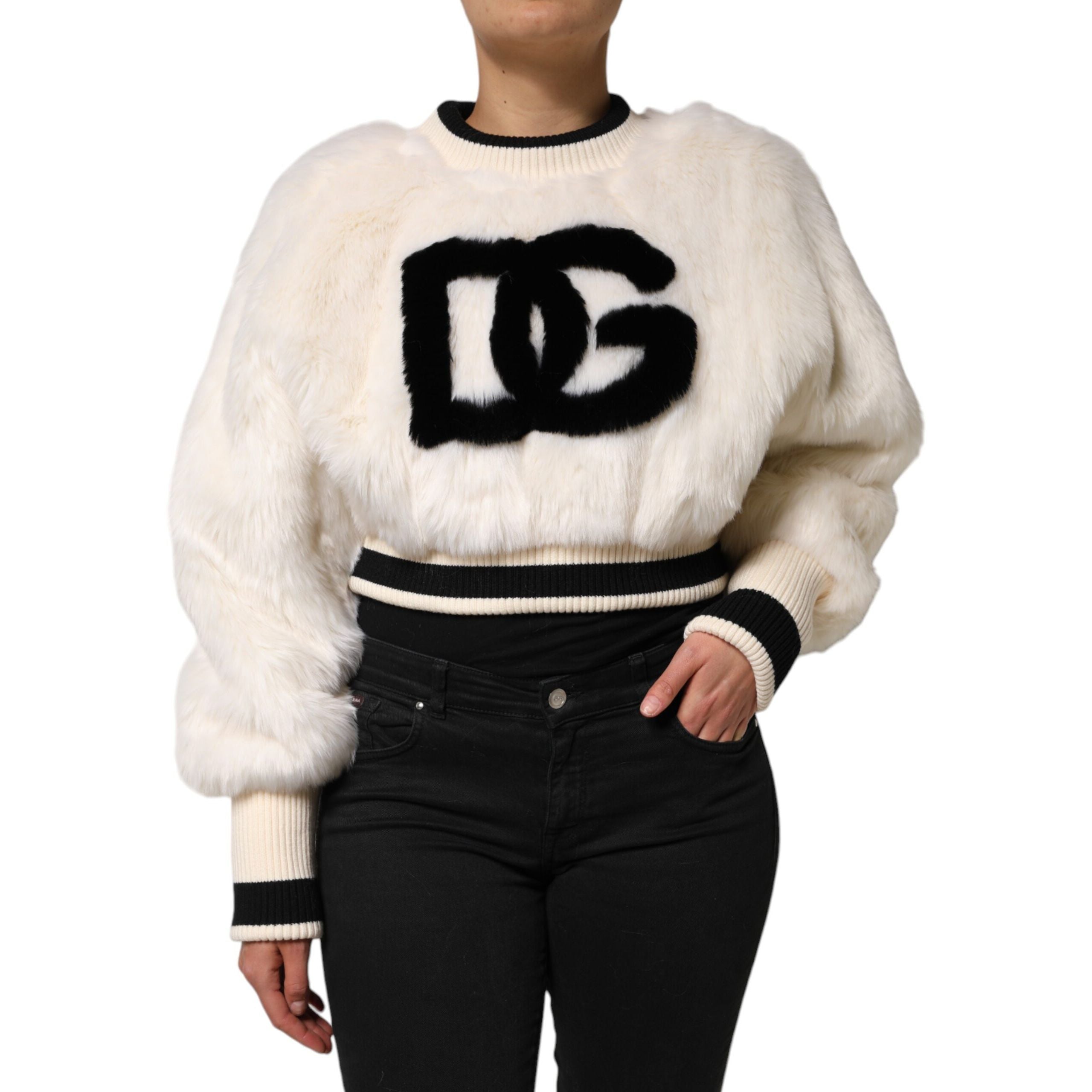Dolce & Gabbana White Cropped Faux Fur DG Sweatshirt