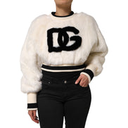 Dolce & Gabbana White Cropped Faux Fur DG Sweatshirt