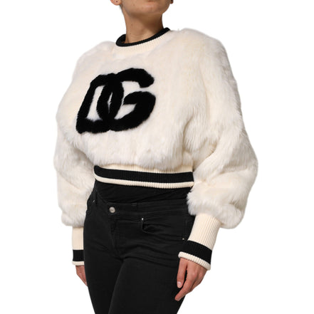 Dolce & Gabbana White Cropped Faux Fur DG Sweatshirt