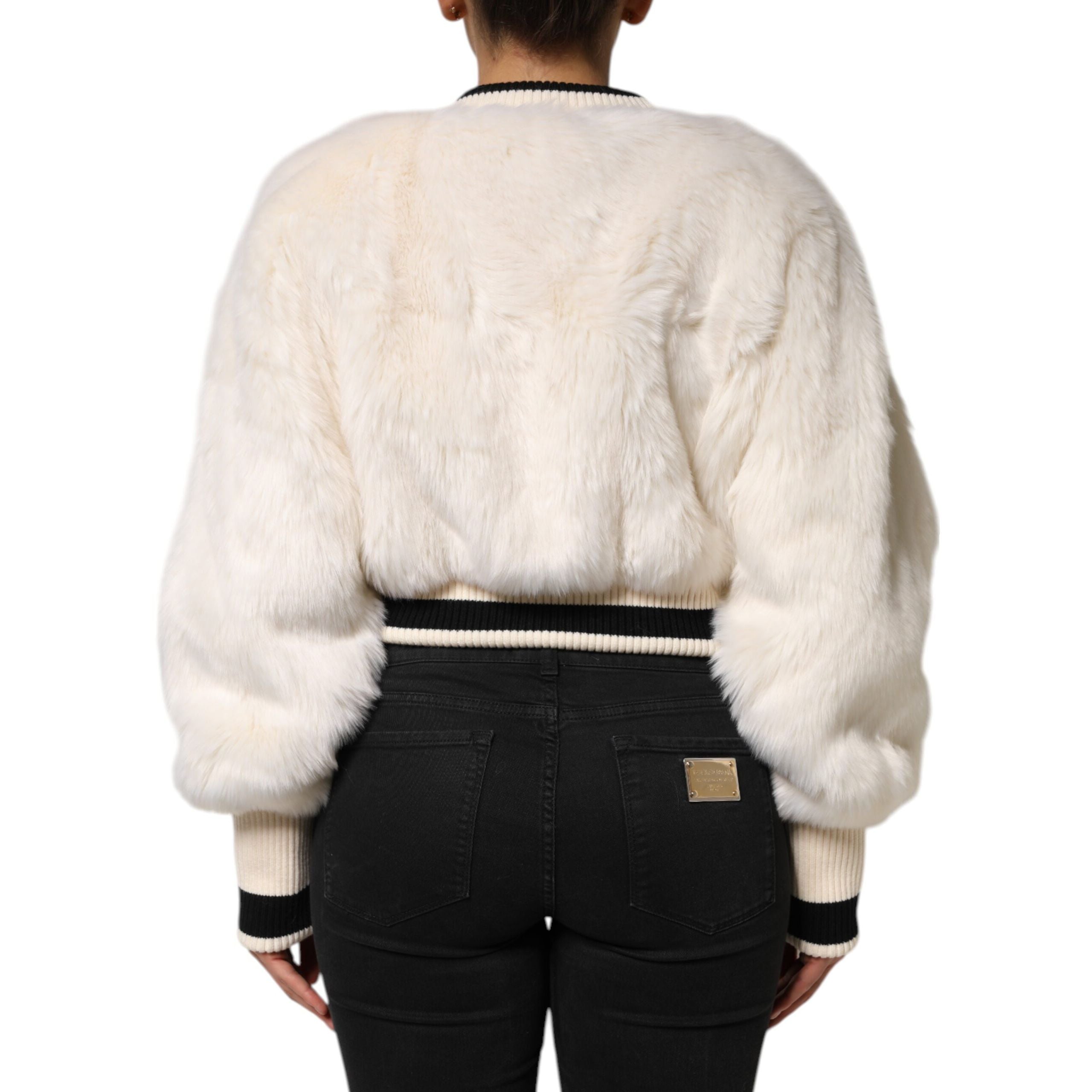 Dolce & Gabbana White Cropped Faux Fur DG Sweatshirt