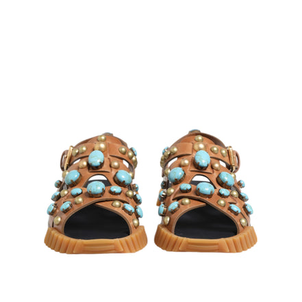 Dolce & Gabbana Brown Leather Studded Slide Sandals