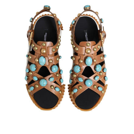 Dolce & Gabbana Brown Leather Studded Slide Sandals