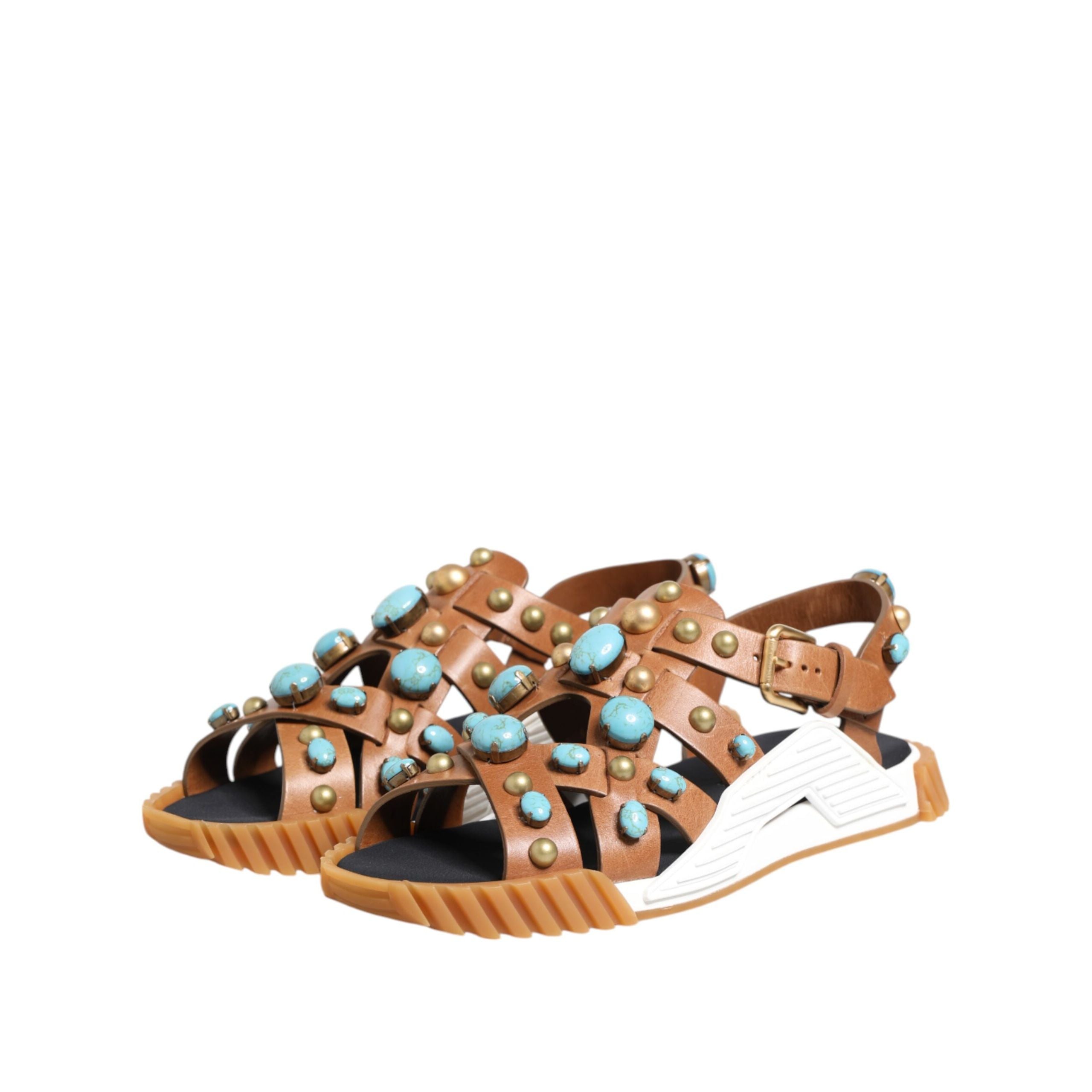 Dolce & Gabbana Brown Leather Studded Slide Sandals