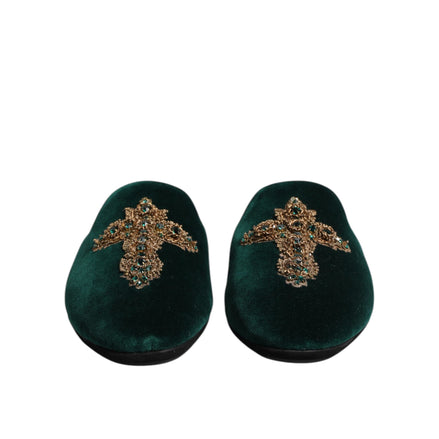 Scarpe Pantofole Dolce & Gabbana in Velluto Verde con Croce Impreziosita