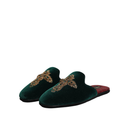 Chaussures mules en velours vert Dolce & Gabbana ornées d'une croix