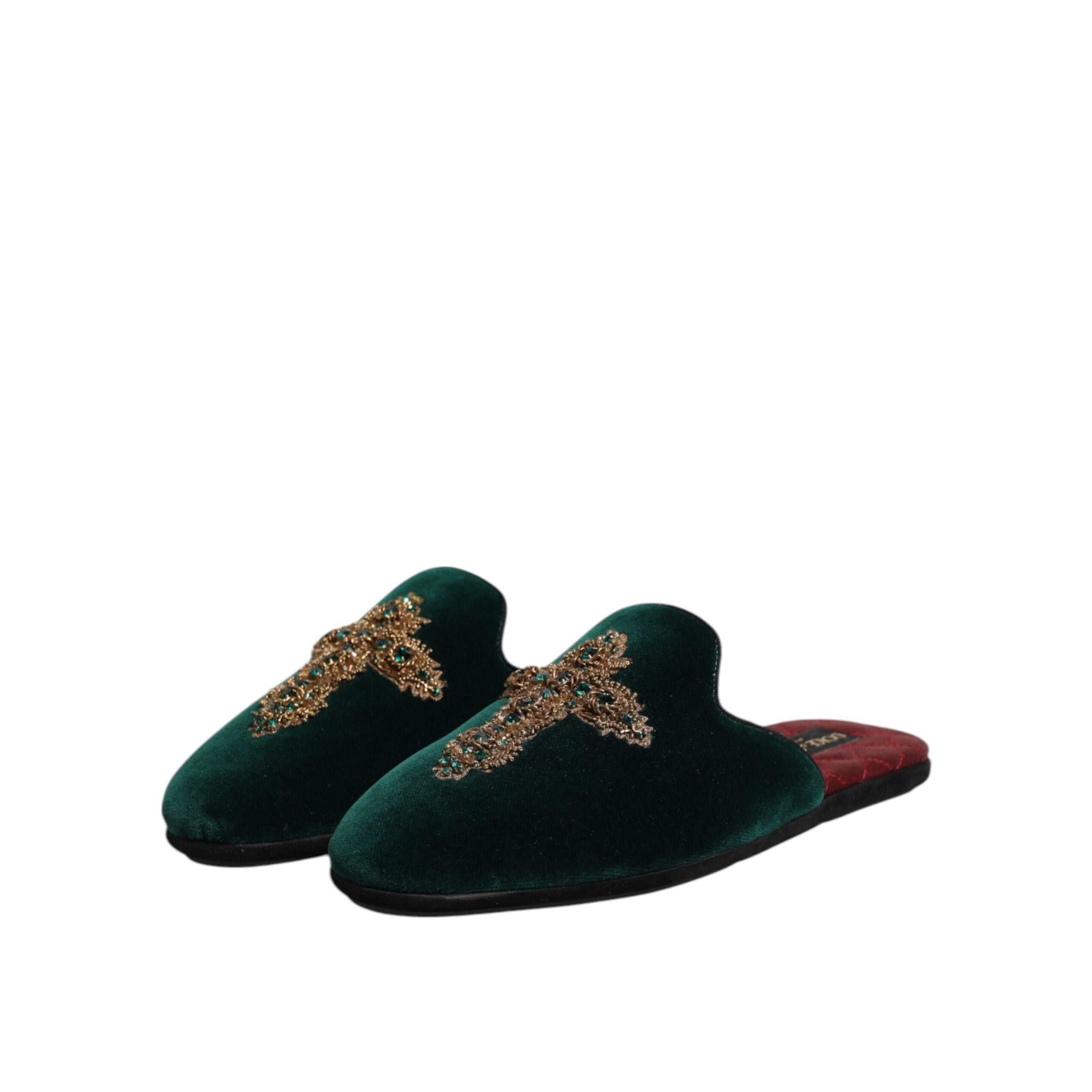 Scarpe a pantofola Dolce & Gabbana in velluto verde con croce impreziosita